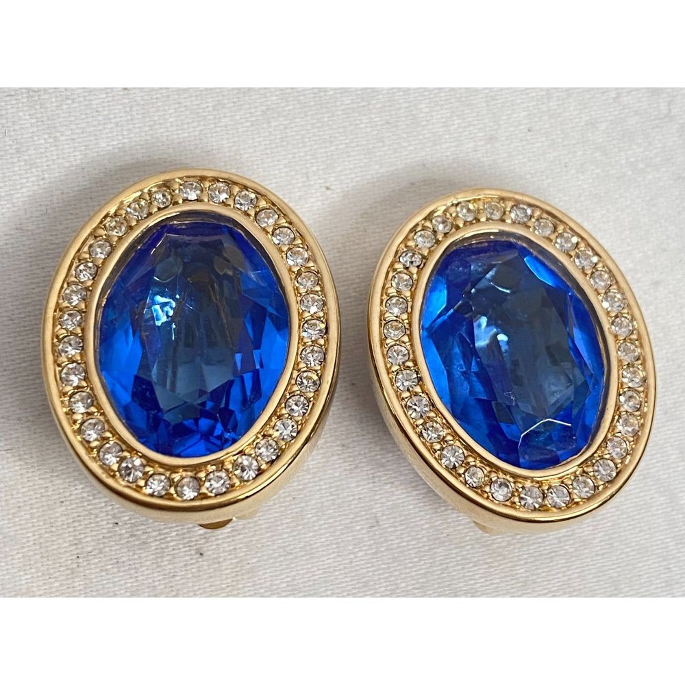 💎DSC Daniel Swarovski Earrings Vintage 80s Dark Blue Oval Stone Clip On